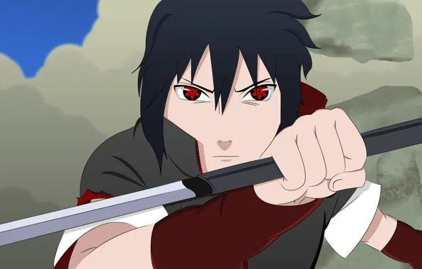 Picture sword, Sasuke, Naruto, war, anime, katana, boy, sharingan