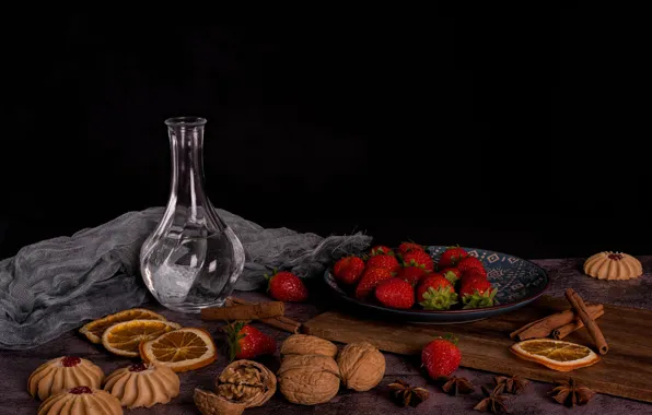 Glass, water, berries, table, cookies, strawberry, plate, fabric