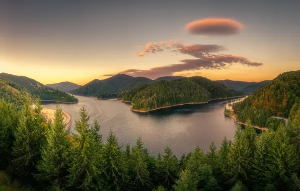 Forest, Islands, clouds, light, sunset, mountains, hills, dal