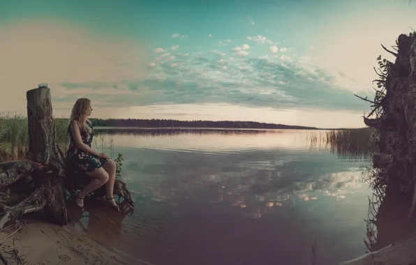 Forest, the sky, water, girl, the sun, clouds, landscape, sunset