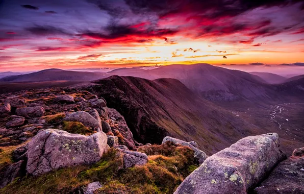 Clouds, landscape, mountains, stones, glow