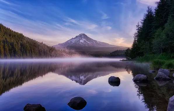 Forest, clouds, mountains, lake, reflection, blue, stones, shore
