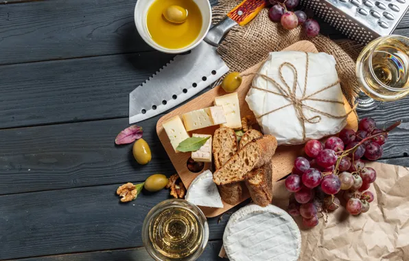 Wine, cheese, bread, grapes, knife, Board, nuts, olives