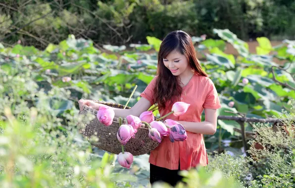Summer, girl, flowers, Asian