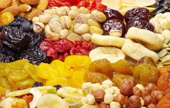 Food, nuts, seeds, almonds, hazelnuts, raisins, pistachios, figs
