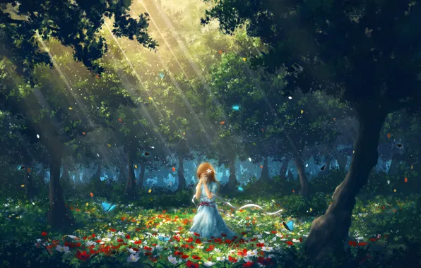 Forest, girl, butterfly, flowers, glade, prayer