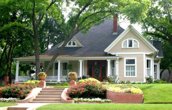 Picture trees, flowers, house