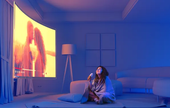 Woman, screen, shot, looking, full, floating