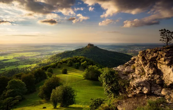 Picture forest, the sky, clouds, trees, mountains, fog, castle, rocks