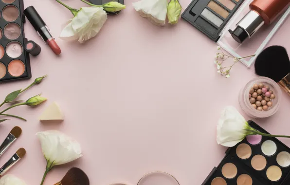 Picture flowers, shadow, lipstick, brush, cosmetics, powder