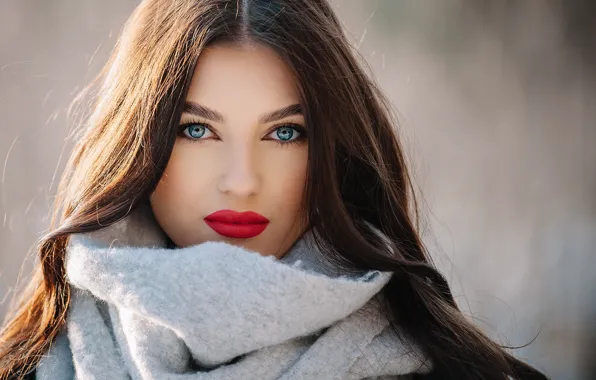 Look, girl, portrait, makeup, scarf, brunette, Krzysztof Serafiński