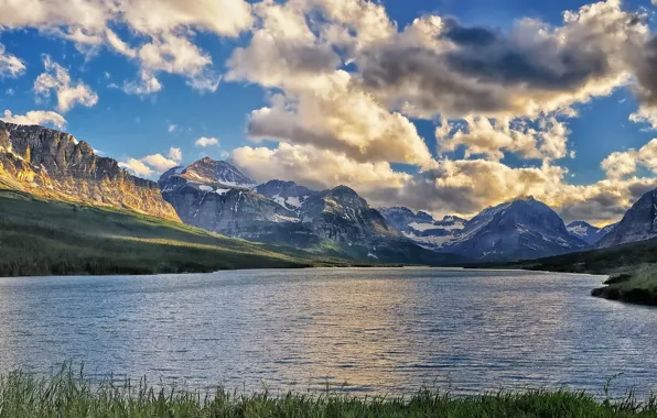 Clouds, mountains, lake, Montana, Glacier National Park, Montana, Lake Sherburne