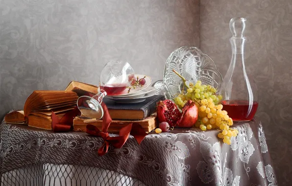 Table, room, wine, wall, glass, books, grapes, dishes