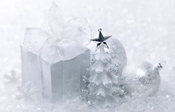 Winter, balls, tape, box, gift, New Year, Christmas, white