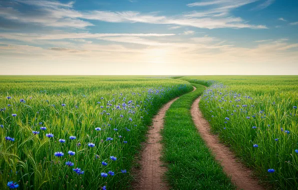 Road, wheat, field, the sky, grass, clouds, Wallpaper, wallpaper