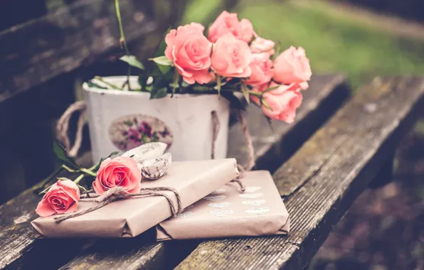 Bench, gift, roses, bouquet