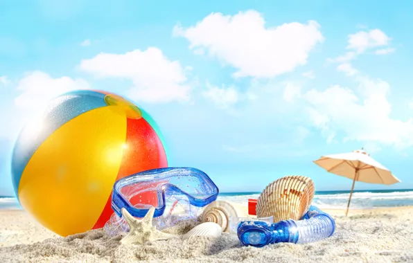 Summer, beach, sky, sea, nature, clouds, sand, ball