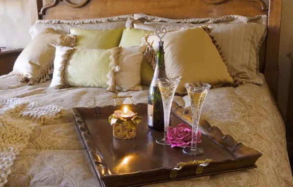 Flowers, lights, glass, bottle, bed, roses, pillow, candles