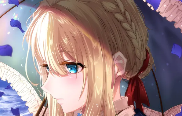 Sadness, girl, umbrella, petals, Violet Evergarden