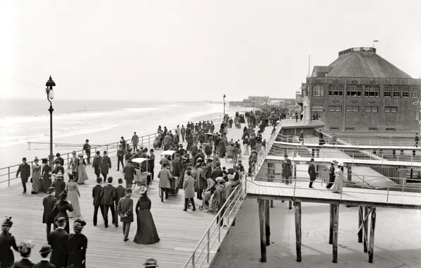 Sea, retro, people, USA, promenade, New Jersey, 1900-the year, Atlantic City