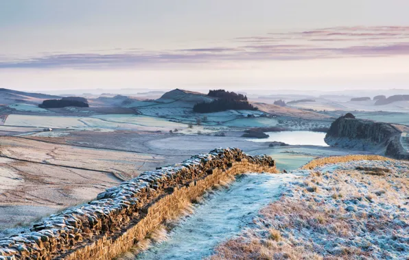 Wall, hills, England, ruins, Hadrian's Wall