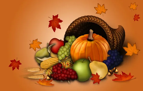 Picture autumn, leaves, collage, Apple, corn, pumpkin, pear, fruit