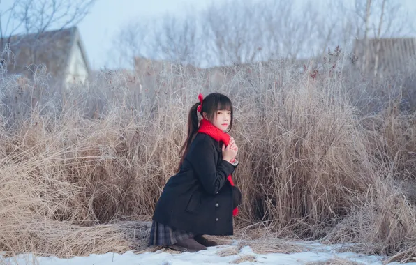 Grass, Beautiful, Asian, Model, Winter, Snow, Woman, Back