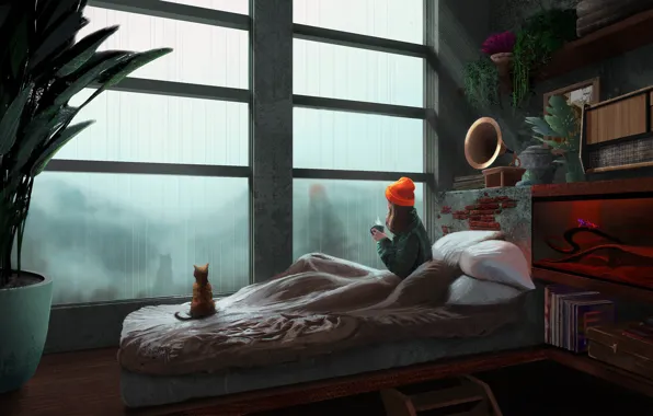 Sadness, kitty, books, pillow, girl, the shower, in the room, quarantine