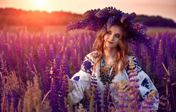 Picture field, summer, girl, decoration, flowers, nature, beads, red