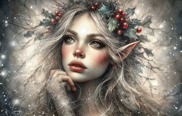 Girl, portrait, fantasy, Christmas, New year, elf, wreath, ears