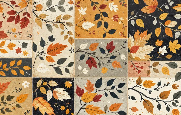 Autumn, leaves, branches, tile, texture, AI art, neural network