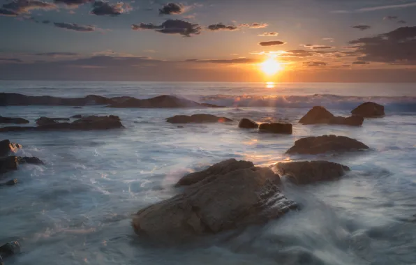 Sea, wave, beach, the sky, the sun, clouds, light, landscape