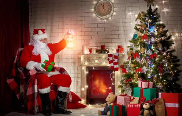 Decoration, holiday, tree, new year, gifts, fireplace, Santa Claus, a torch