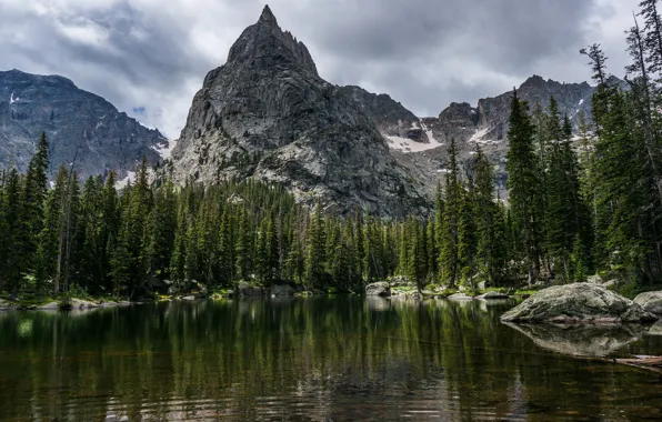 Picture the sky, clouds, landscape, mountains, lake, stones, overcast, rocks