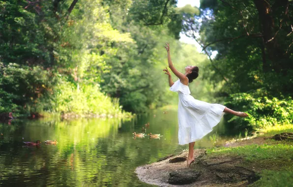 Picture summer, girl, birds, nature, pose, river, duck, barefoot