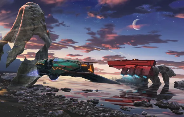 Sea, sunset, Spaceship, Fighter