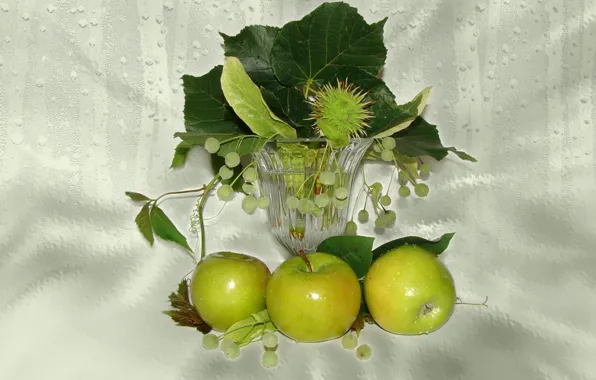 Picture summer, chestnut, Linden, vase, author's photo by Elena Anikina, green apples