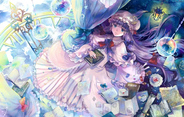Picture girl, planet, books, anime, art, touhou, patchouli knowledge, letters