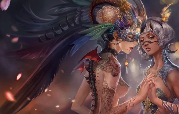 Decoration, girls, wings, feathers, mask, tattoo, art, lace