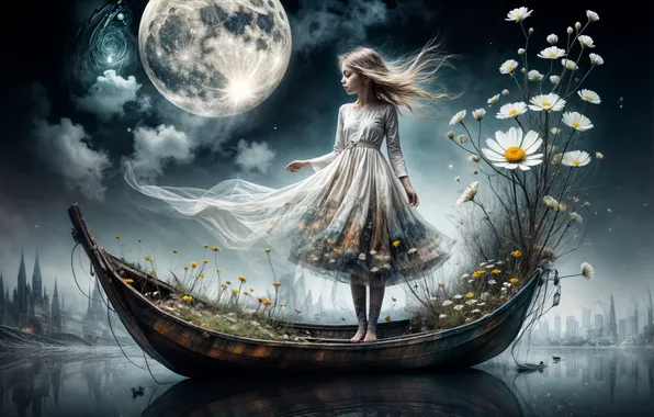 The sky, clouds, flowers, night, the moon, boat, chamomile, girl