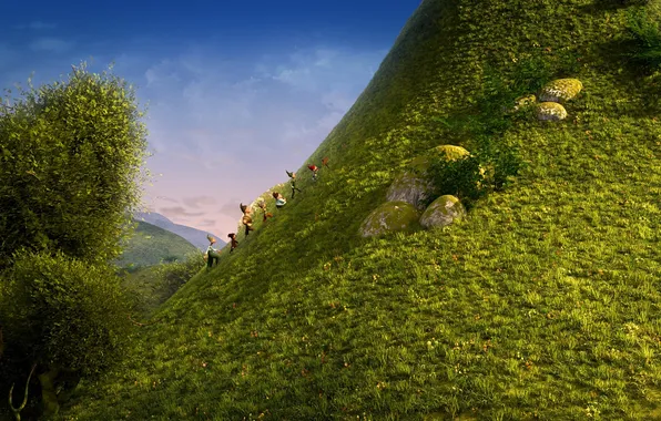 Grass, trees, cartoon, mountain, dwarves, adventure, The 7th dwarf, The 7th dwarf