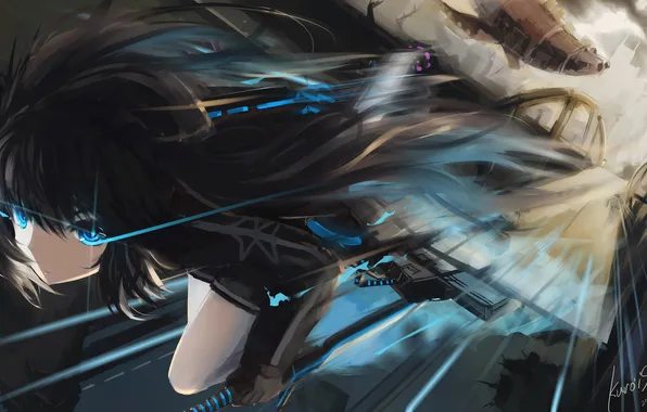 Picture girl, bridge, weapons, sword, anime, art, black rock shooter, catch the worm