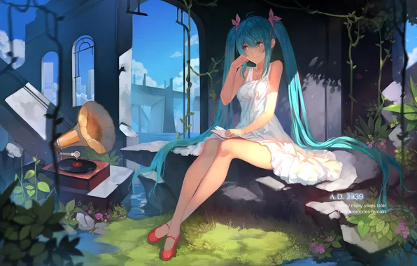 Picture the sky, girl, clouds, anime, art, ruins, vocaloid, hatsune miku