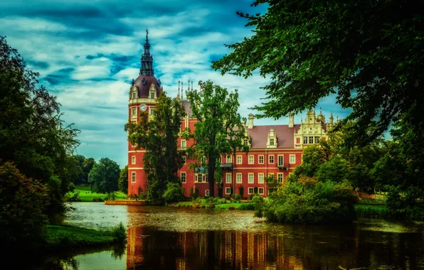 Greens, clouds, trees, pond, Park, castle, HDR, Germany