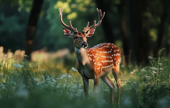 Forest, grass, look, light, nature, glade, deer, AI art