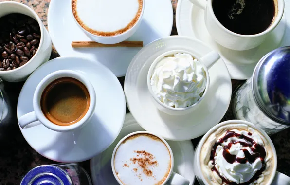 Picture table, coffee, cream, sugar, mugs, drinks, grain, saucers
