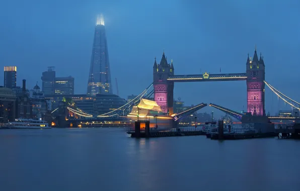 Fog, river, England, London, tower, Thames, Tower bridge