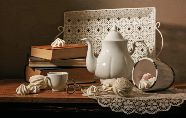 Books, Cup, dishes, still life, items, dessert, marshmallows, coffee pot