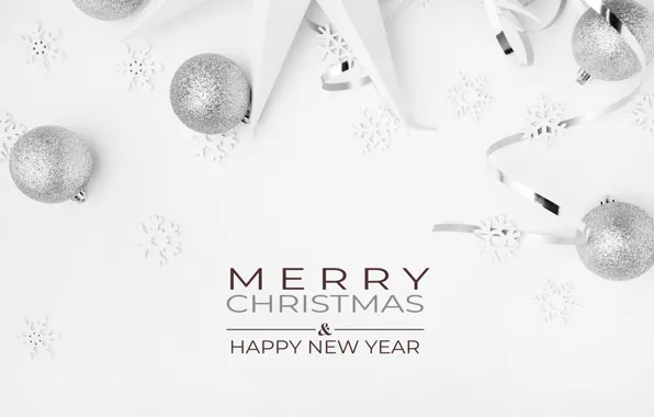 Balls, snowflakes, the inscription, silver, Christmas, white background, New year, silver