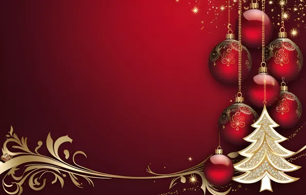 Balls, pattern, graphics, ball, Christmas, red, New year, gold plated